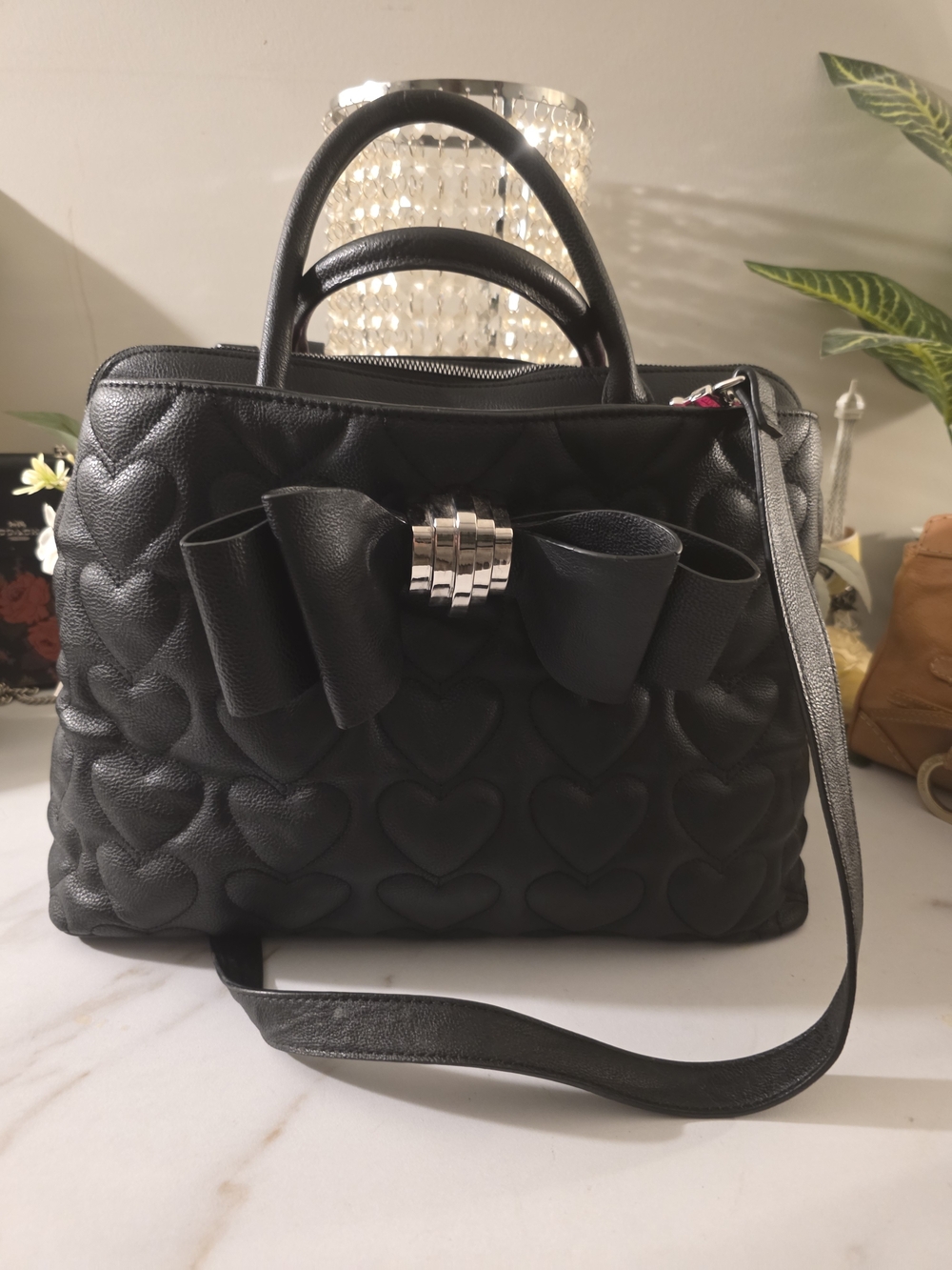 Betsey Johnson Black Quilted Heart Satchel with Bow Accent